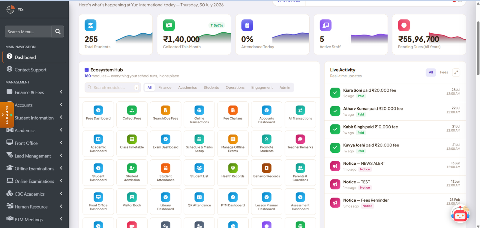 SchoolElite main dashboard with attendance, fees and quick stats