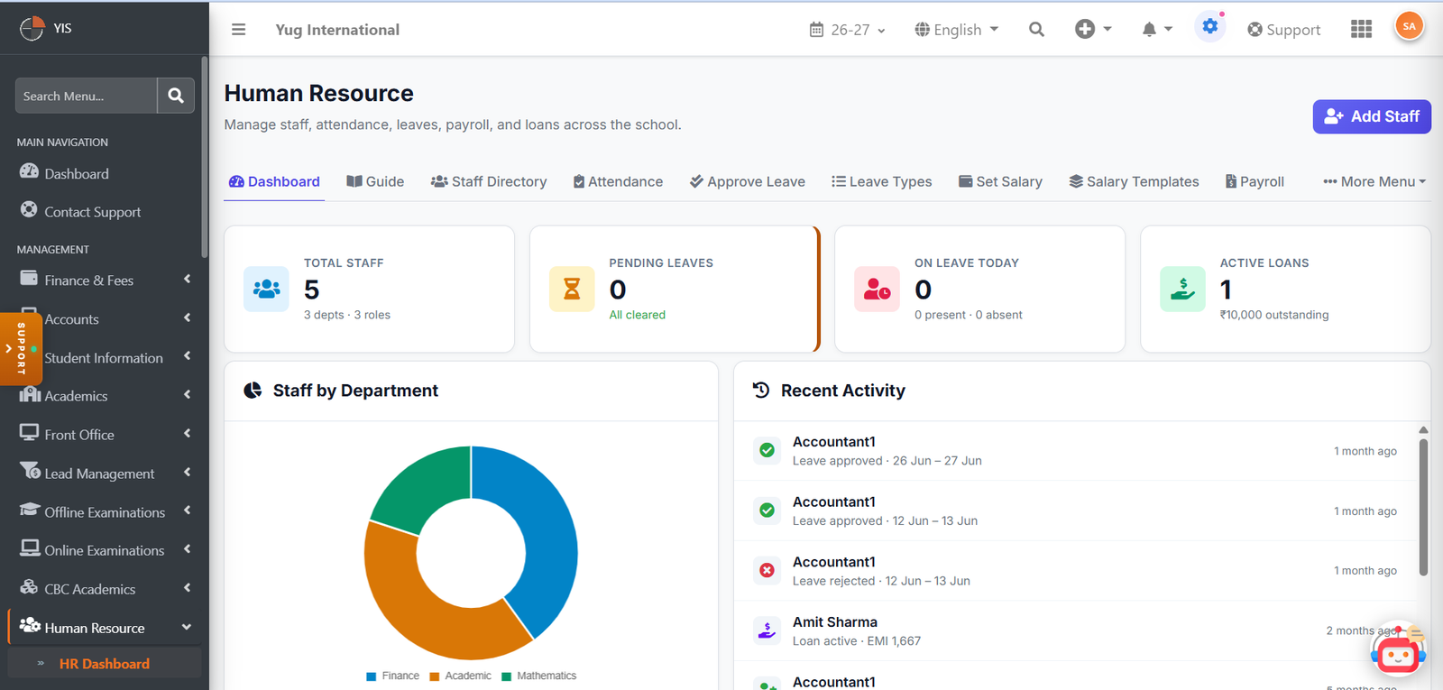 SchoolElite HR and staff management screen