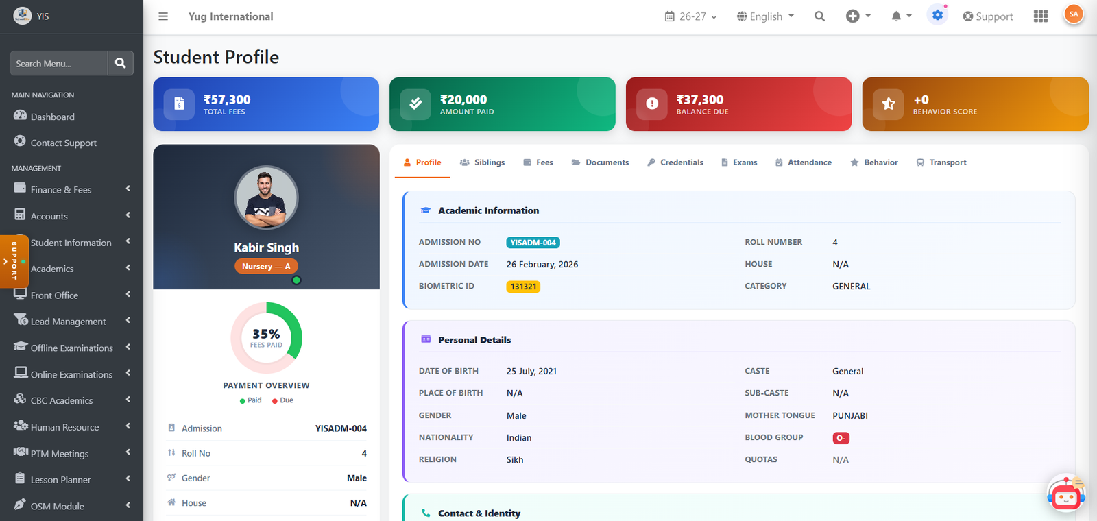 SchoolElite full student profile screen with fees, academic and personal details